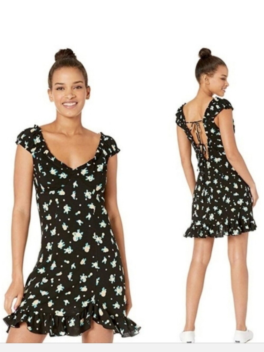 FREE PEOPLE 'Like a Lady' Floral Mini Dress Ruffle Hem, Low Back XS